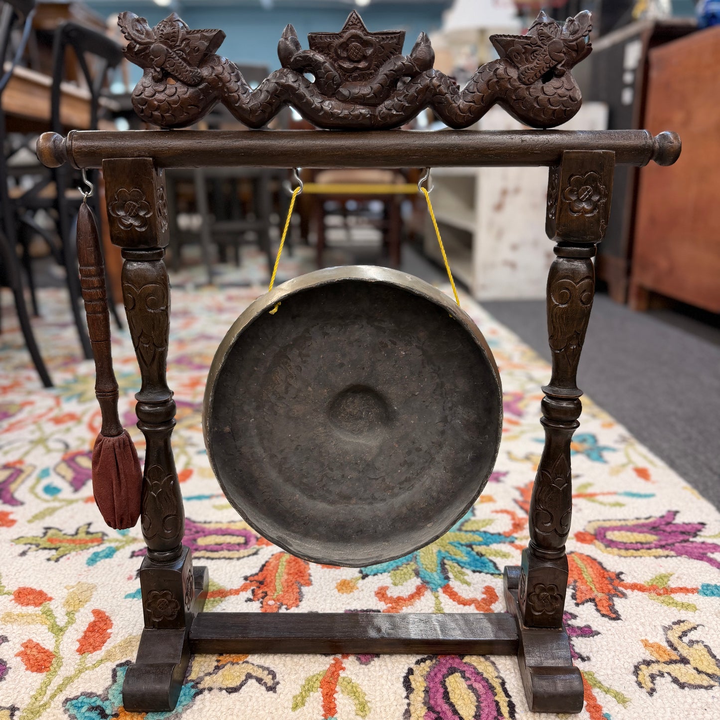 Traditional Hand-Carved Wood Framed Brass Gong Accent Piece with Mallet
