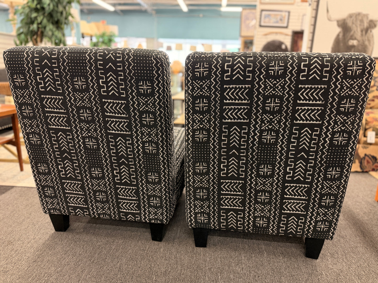 Modern Black & White Geometric Mudcloth-Style Armless Slipper Chairs with Lumbar Pillows - Set of 2