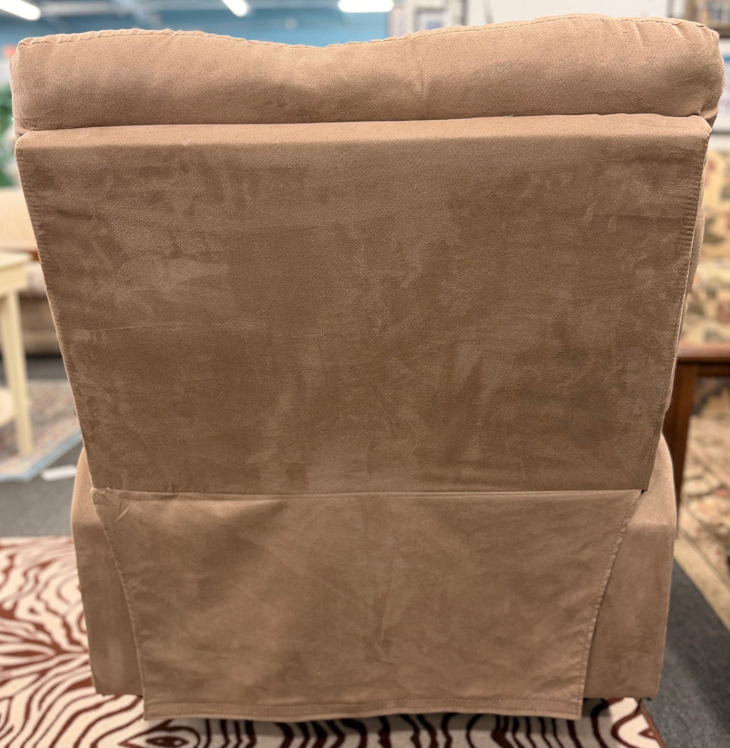 Casual plush fabric manual recliner armchair with overstuffed segmented back and pillow arms at 2nd Debut Houston consignment showroom