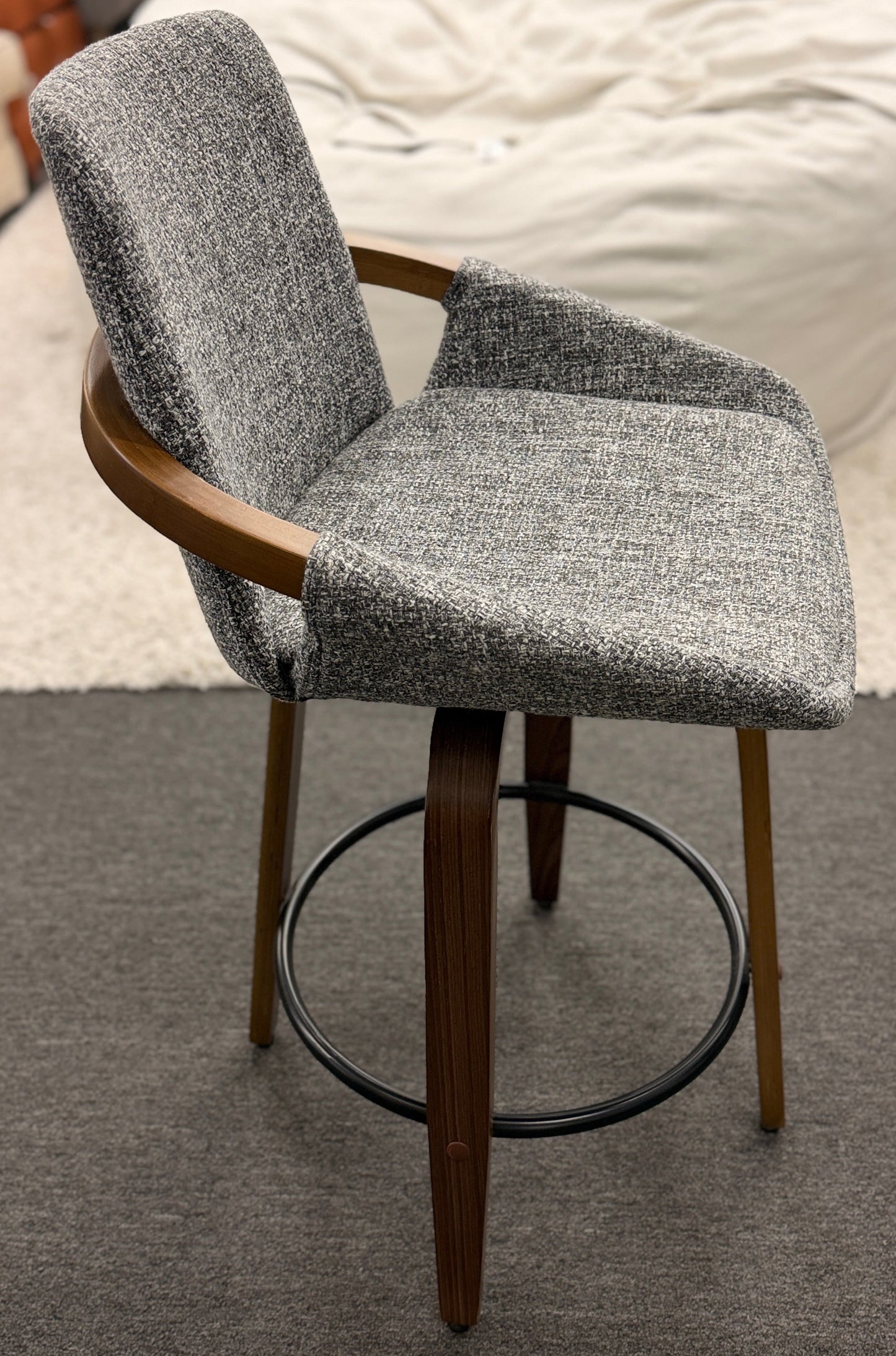 Mid-Century Modern Textured Gray Tweed Barstools - 3pc Set