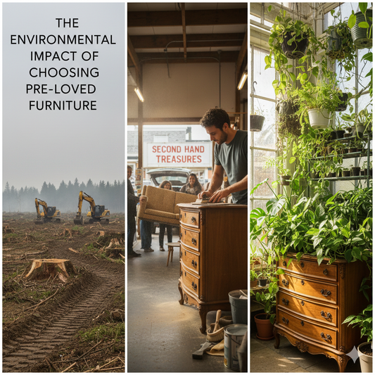 A three-panel image showing the journey of furniture: a harvested forest on the left, a vintage wooden piece being restored in a workshop in the middle, and the finished cabinet in a sunlit room full of plants on the right.