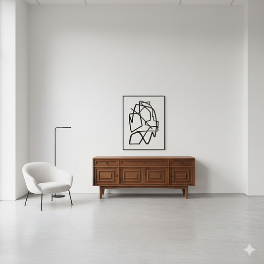 A high-end, minimalist room featuring a single, large, dark-wood vintage credenza with intricate mid-century carvings as the focal point. The room has high ceilings, white walls, and a single sculptural chair nearby.