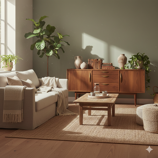 A beautifully lit, sustainable interior featuring a mix of vintage solid wood furniture and high-quality textiles, highlighting the timeless appeal of eco-conscious luxury.