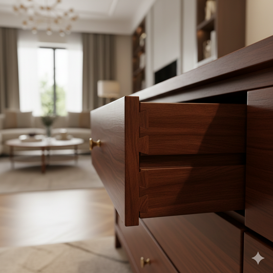 A professional close-up of a high-end wooden furniture joint, showing the precise dovetail construction and the natural beauty of the wood grain.
