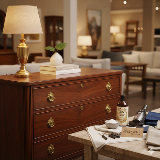 A bright, airy photo of a person polishing a high-end mid-century modern dresser. The wood has a rich, warm glow, and the brass handles are shining. Next to it is a small plant, making the scene feel like a professional home staging.