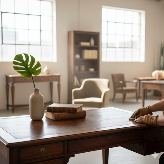 A close-up, editorial-style shot focusing on the rich textures of a sustainable home: a hand-carved solid wood surface, a vintage brass decorative object, and a linen cushion, set against a backdrop of soft natural light to emphasize organic luxury.