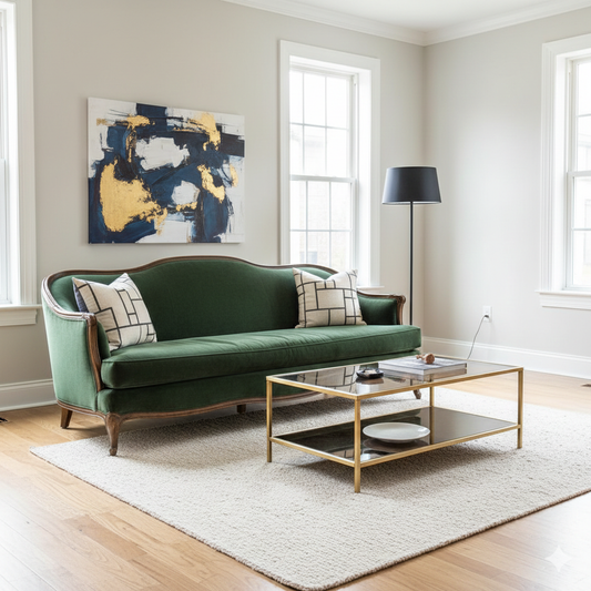 A beautifully styled living room blending a vintage-inspired velvet sofa (consigned) with new, clean-lined modern accents like a geometric coffee table, abstract art, and contemporary lighting. The room feels cohesive and high-end.