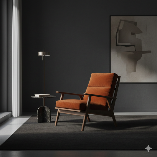 A high-end, dramatic living room setting featuring a rare, sculptural vintage lounge chair in a bold color, placed against a backdrop of dark, moody walls and minimal modern decor to emphasize the chair's unique "scarcity."