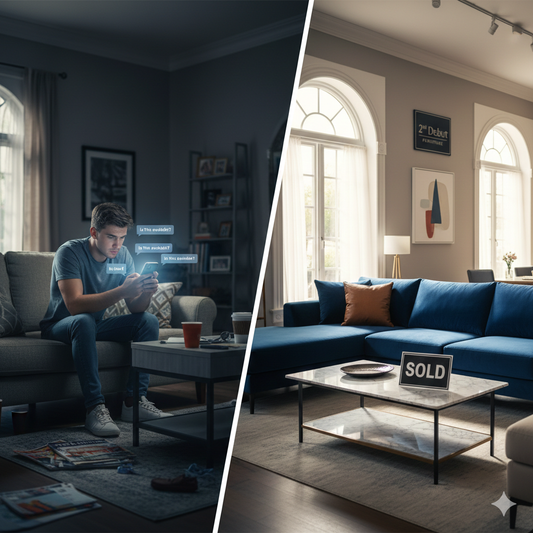 A split-screen image. On the left, a frustrated person looks at a smartphone with many notifications in a cluttered room. On the right, a serene, high-end furniture showroom at 2nd debut furniture with perfectly staged luxury decor.