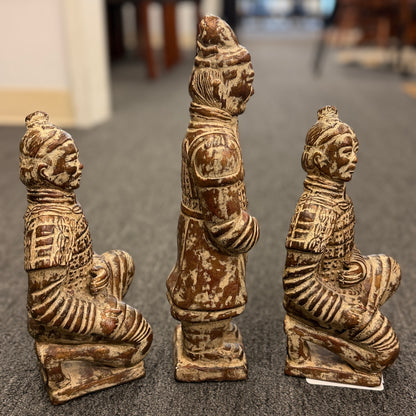 Set of three Terracotta Warrior replica figurines including one standing officer and two kneeling archers finished in a distressed antiqued gilt and terracotta-wash patina in excellent condition.
