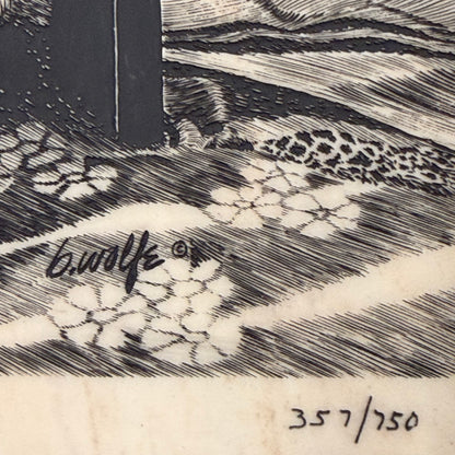 Close-up of a black and white textured print with a signature and edition number.