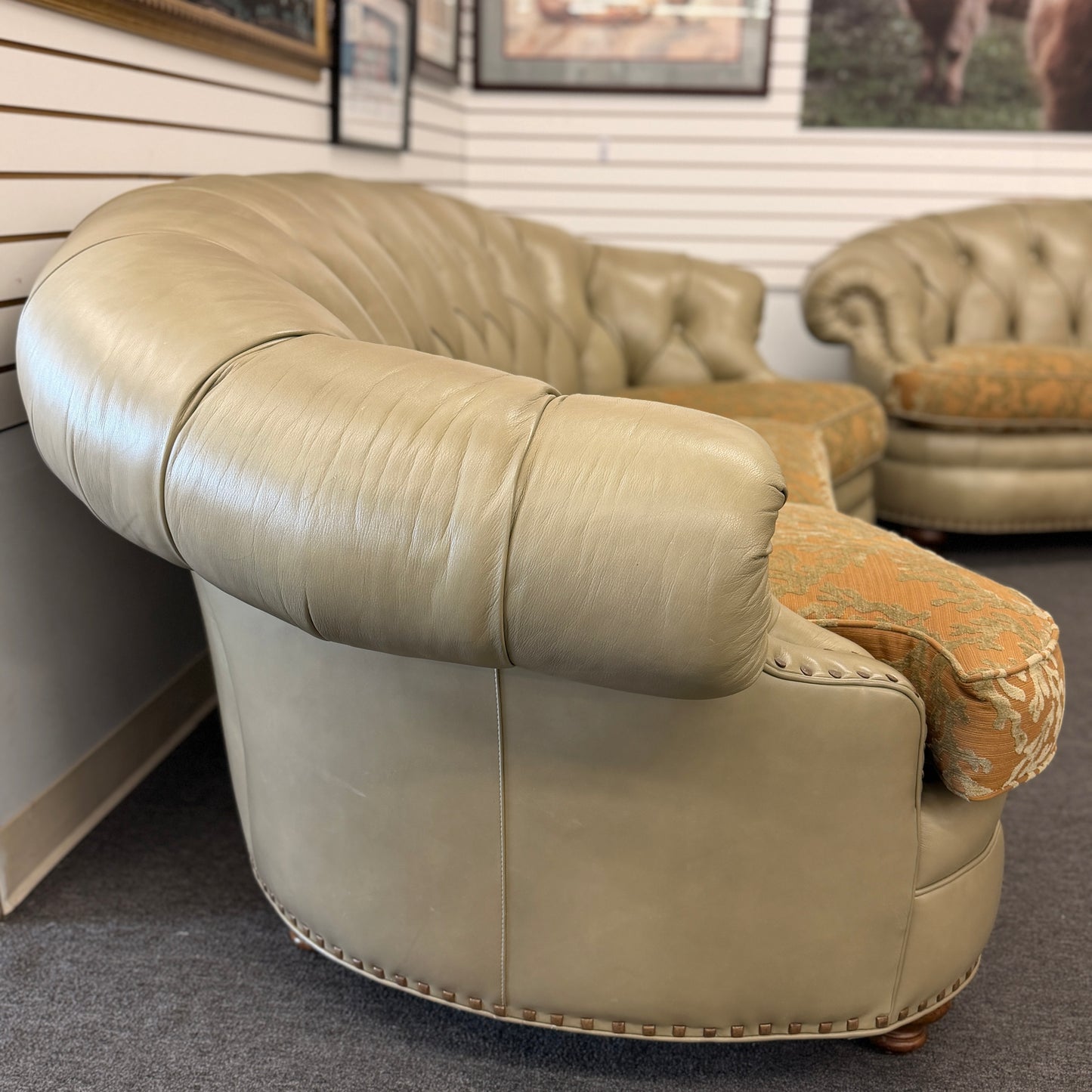 Hancock & Moore Premium Sage Green Tufted Leather Sofa Set with Nailhead Trim