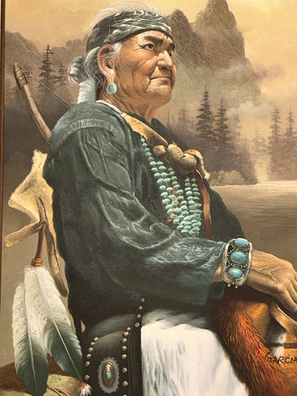 Realistic oil painting portrait of an Indigenous elder with traditional turquoise jewelry, a headband, a bow, and feathers, framed in wood at 2nd Debut Houston consignment showroom