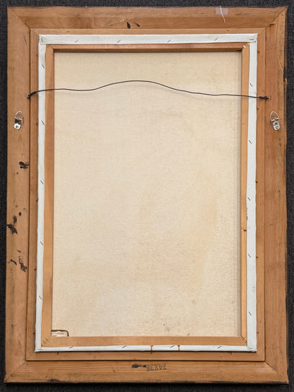Back view of a wooden picture frame with a beige interior lining.