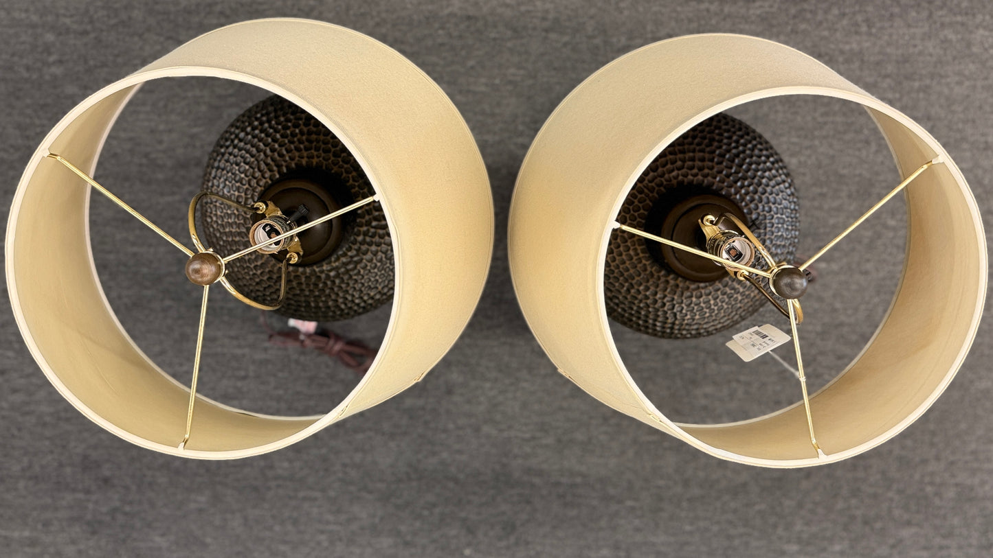 Set of 2 transitional silver quatrefoil trellis cage table lamps with beige fabric shades against a gray background at 2nd Debut Houston consignment showroom