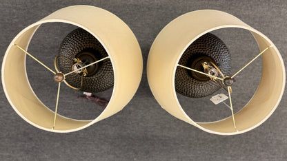 Set of 2 transitional silver quatrefoil trellis cage table lamps with beige fabric shades against a gray background at 2nd Debut Houston consignment showroom
