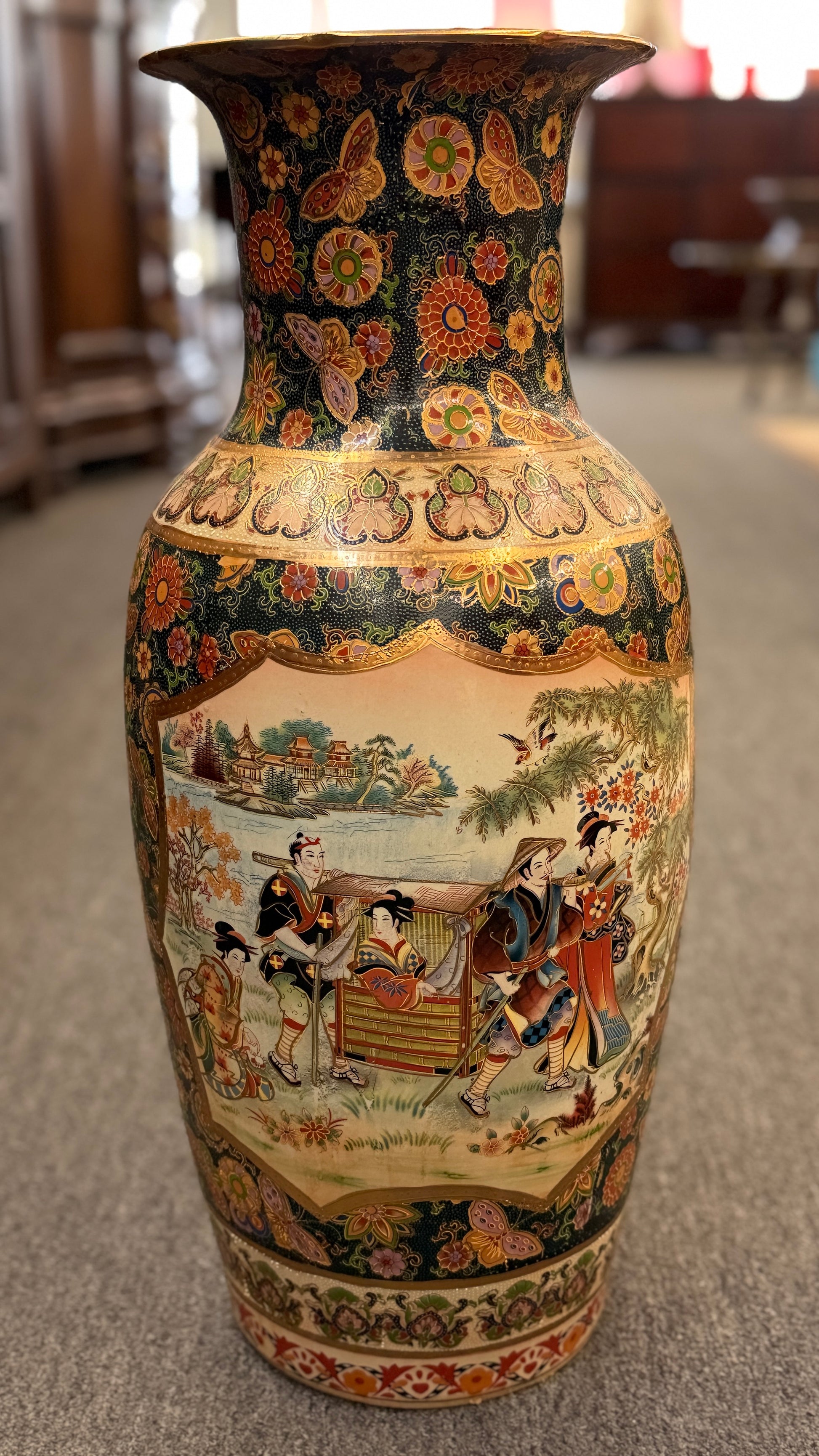 Traditional Asian ceramic vase featuring Japanese Bijin, floral, and butterfly motifs at 2nd Debut Houston consignment showroom