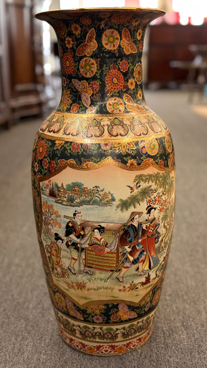 Traditional Asian ceramic vase featuring Japanese Bijin, floral, and butterfly motifs at 2nd Debut Houston consignment showroom