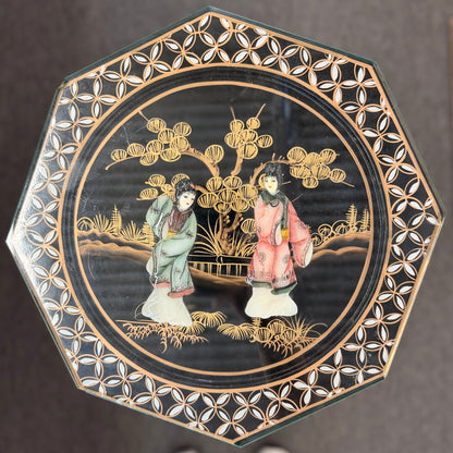 Traditional Chinoiserie black lacquer and gold plant stand pedestal with an octagonal top, intricate designs, and cabriole legs at 2nd Debut Houston consignment showroom