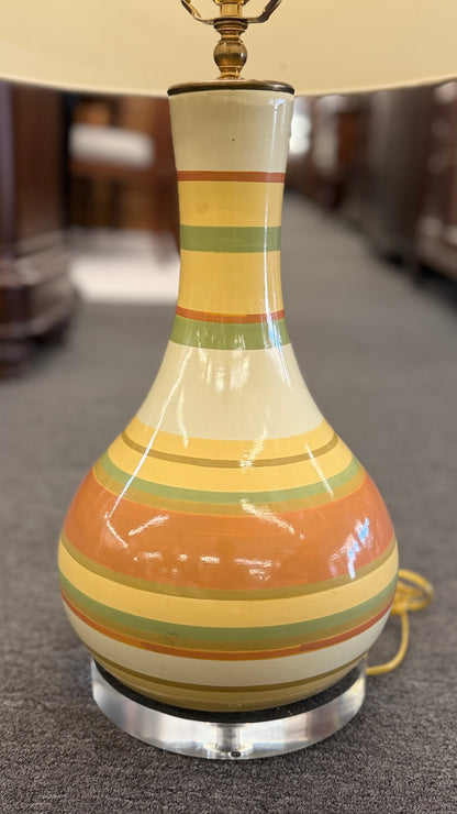 Vintage 1970s inspired multi color striped ceramic gourd table lamp with an acrylic base and beige shade at 2nd Debut Houston consignment showroom