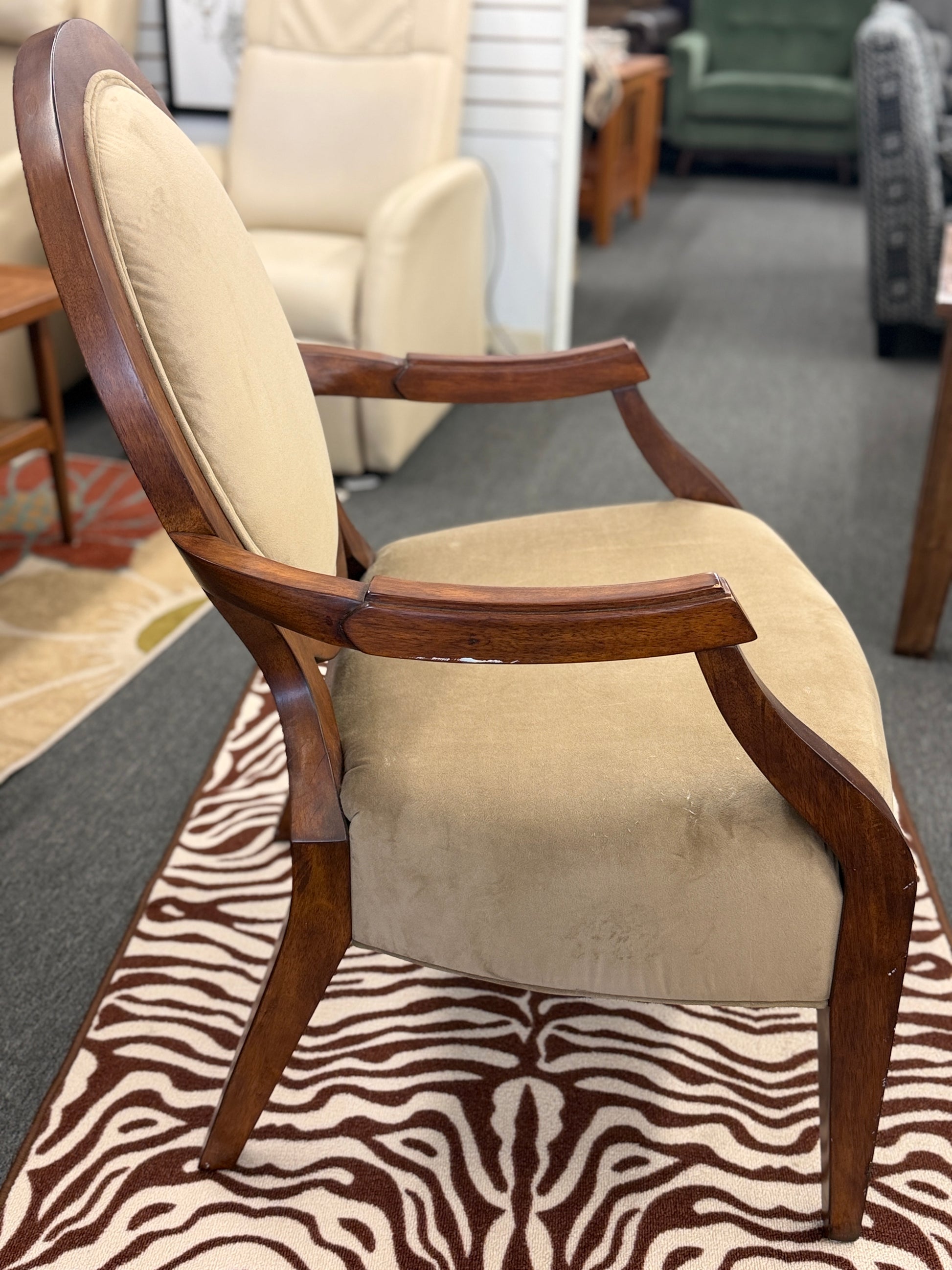 Traditional oval back wood accent armchair in sage taupe velvet upholstery on a zebra print rug at 2nd Debut Houston consignment showroom