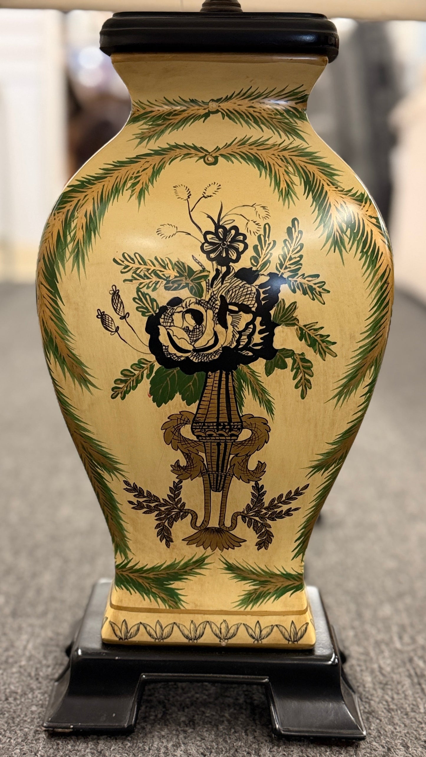 Traditional floral and palm ceramic ginger jar table lamp with ivory bell shade at 2nd Debut Houston consignment showroom
