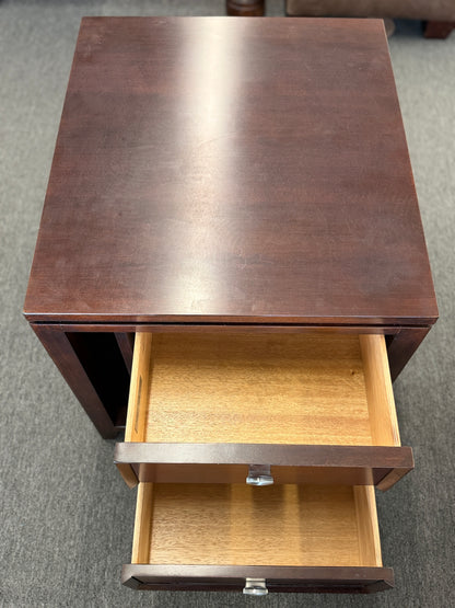 Contemporary espresso wood end table and nightstand featuring an asymmetrical open shelf and two drawers at 2nd Debut Houston consignment showroom