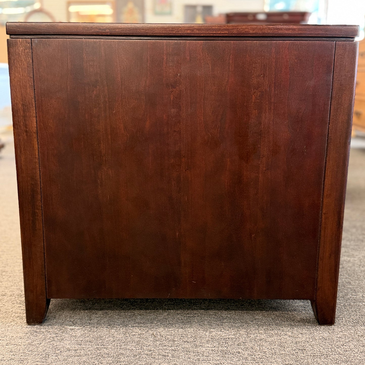 Contemporary espresso wood end table and nightstand featuring an asymmetrical open shelf and two drawers at 2nd Debut Houston consignment showroom