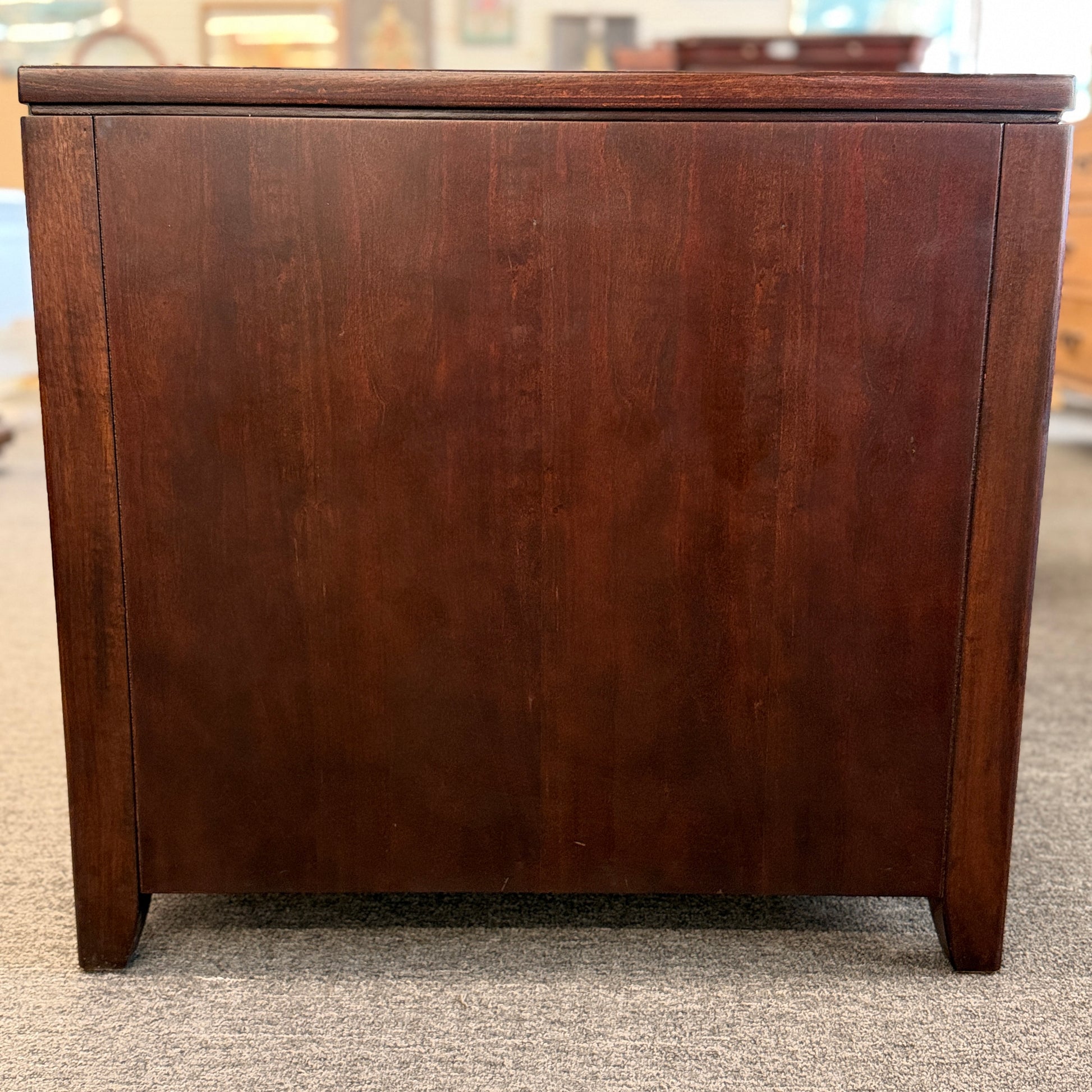 Contemporary espresso wood end table and nightstand featuring an asymmetrical open shelf and two drawers at 2nd Debut Houston consignment showroom