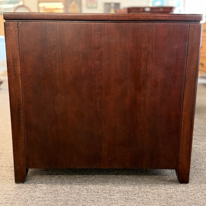 Contemporary espresso wood end table and nightstand featuring an asymmetrical open shelf and two drawers at 2nd Debut Houston consignment showroom
