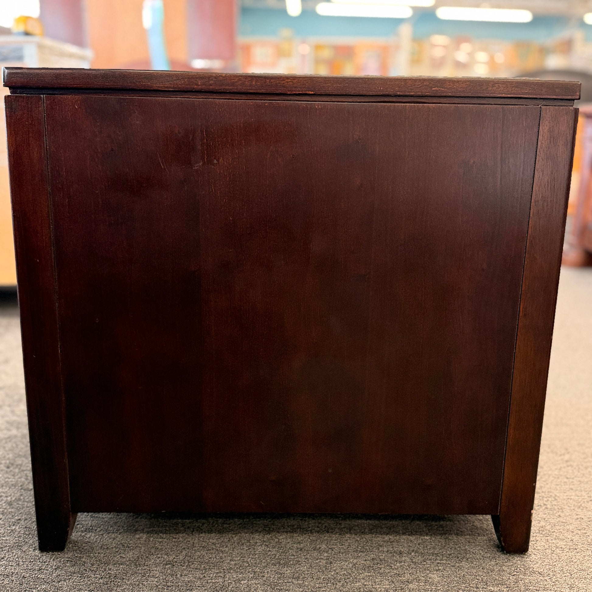 Contemporary espresso wood end table and nightstand featuring an asymmetrical open shelf and two drawers at 2nd Debut Houston consignment showroom