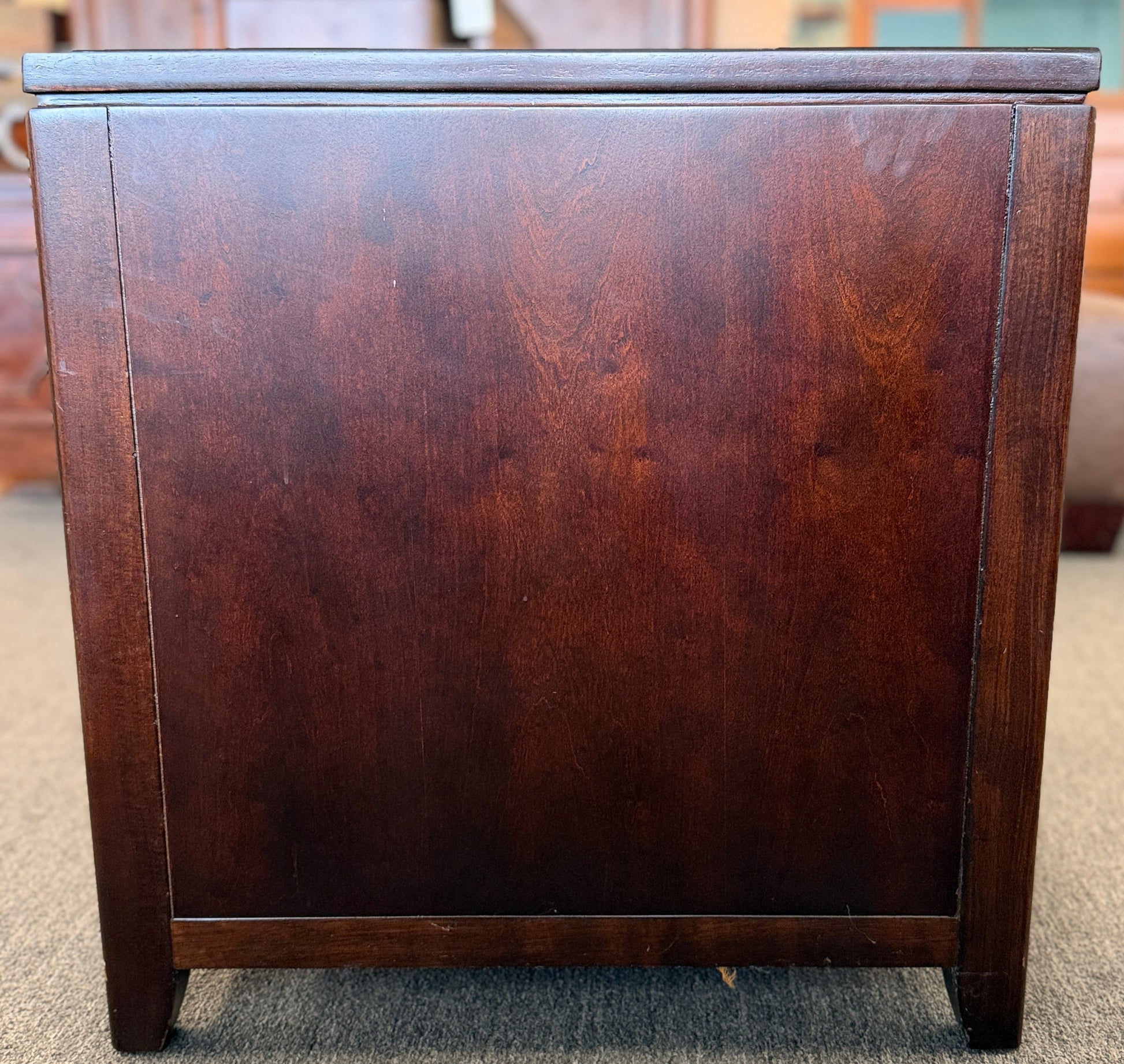 Contemporary espresso wood end table and nightstand featuring an asymmetrical open shelf and two drawers at 2nd Debut Houston consignment showroom
