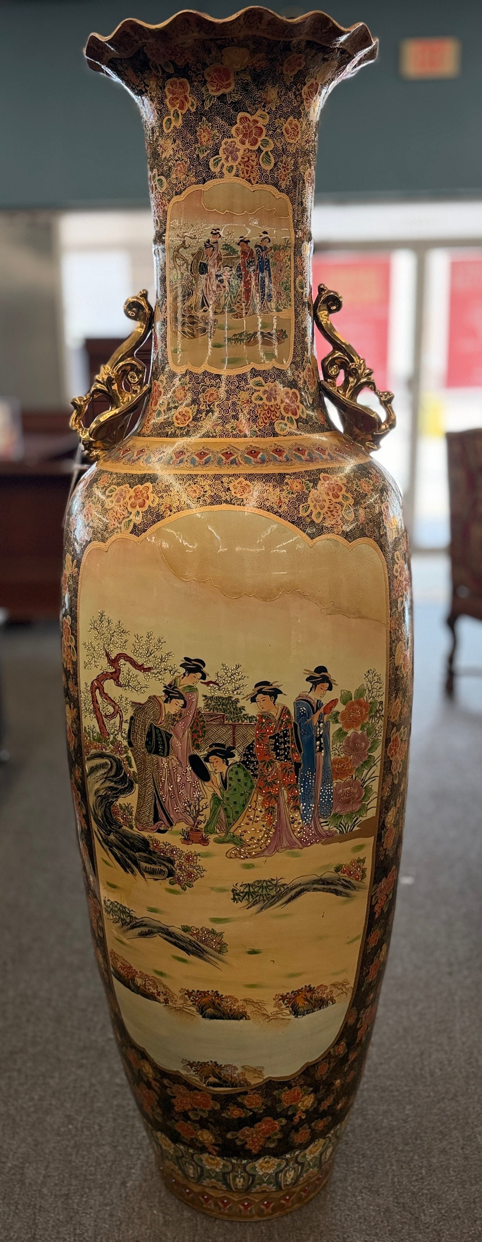 Traditional Chinoiserie gold ceramic 72 inch floor vase with ornate handles and historic figures design at 2nd Debut Houston consignment showroom