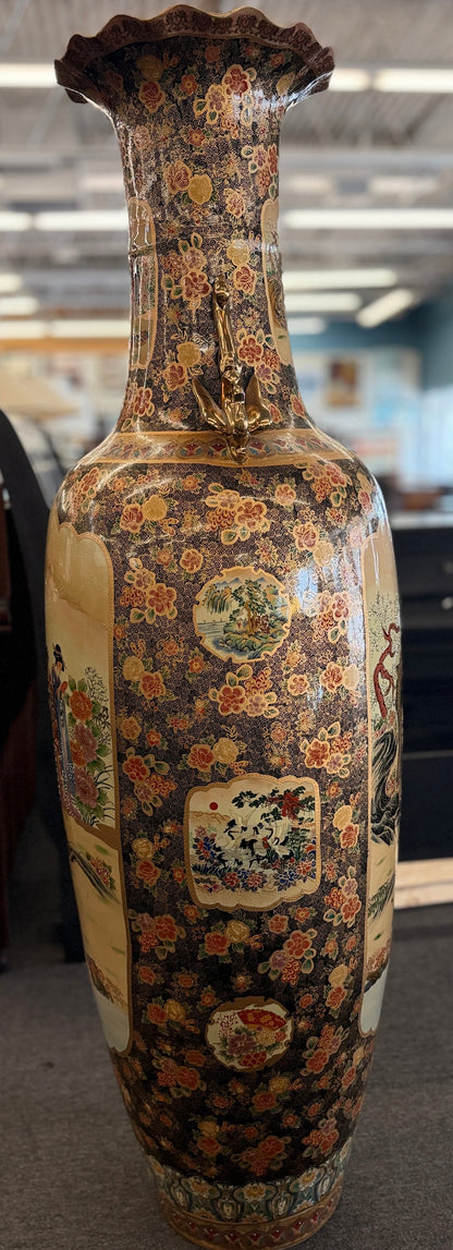 Traditional Chinoiserie gold ceramic 72 inch floor vase with ornate handles and historic figures design at 2nd Debut Houston consignment showroom