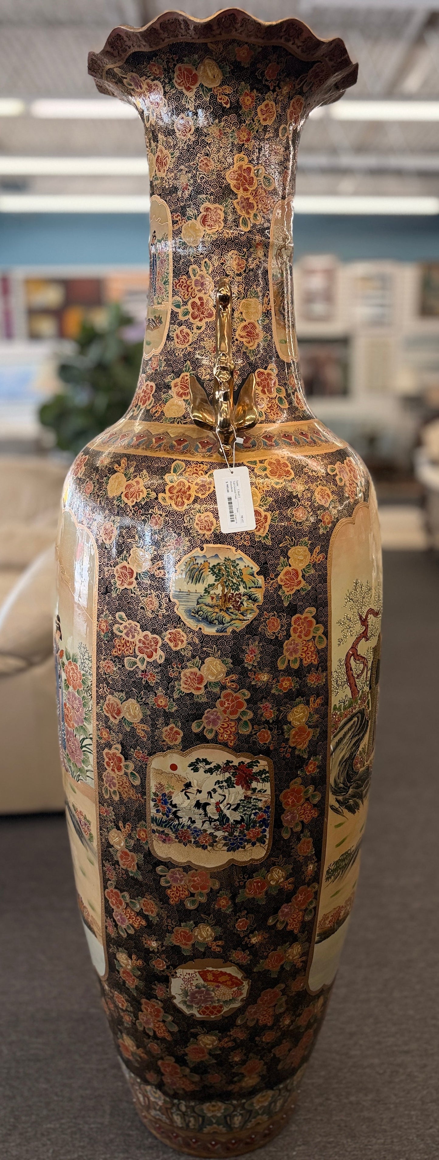 Traditional Chinoiserie gold ceramic 72 inch floor vase with ornate handles and historic figures design at 2nd Debut Houston consignment showroom