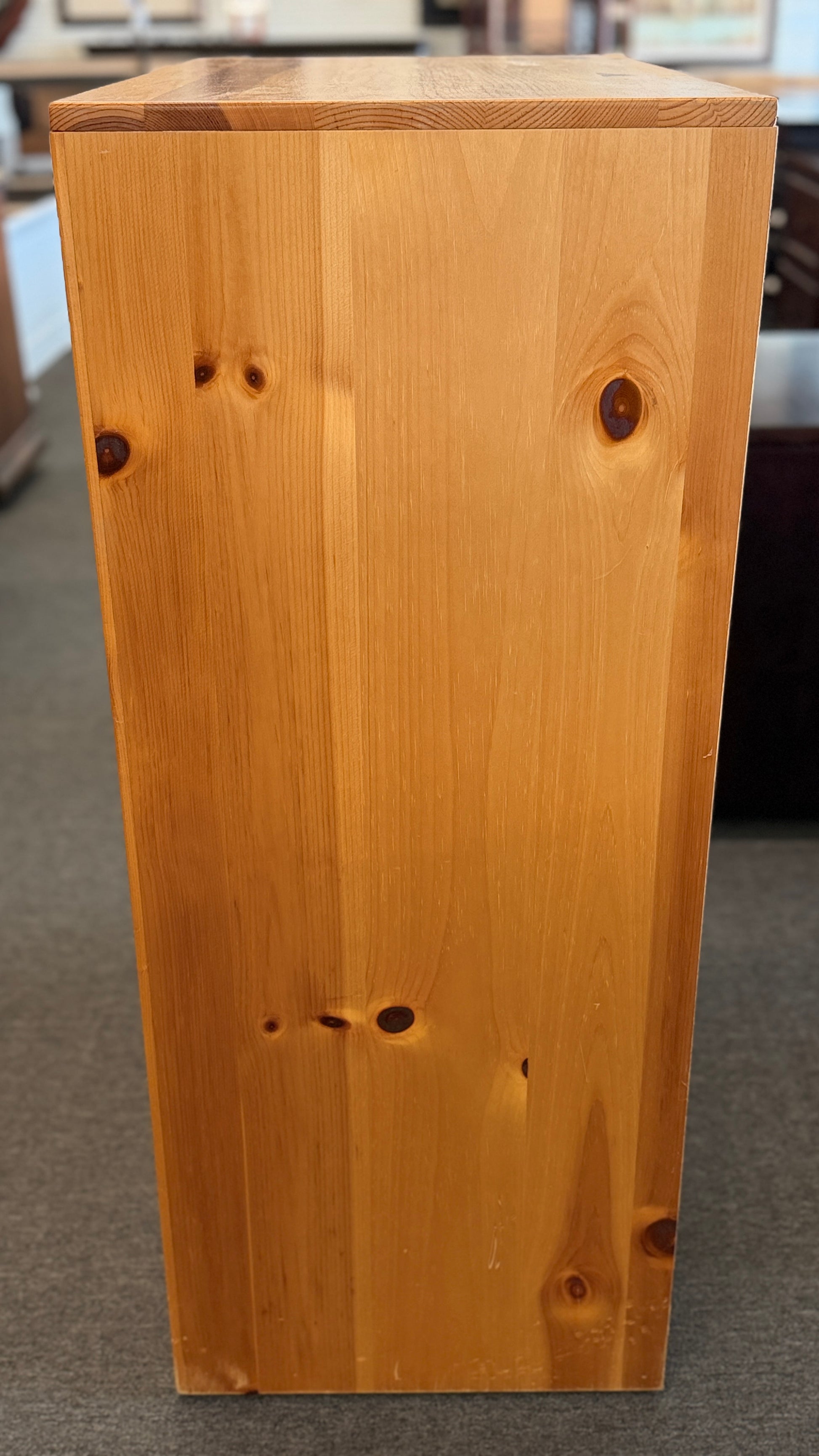 Contemporary live edge style natural wood 5 drawer chest with integrated groove pulls at 2nd Debut Houston consignment showroom
