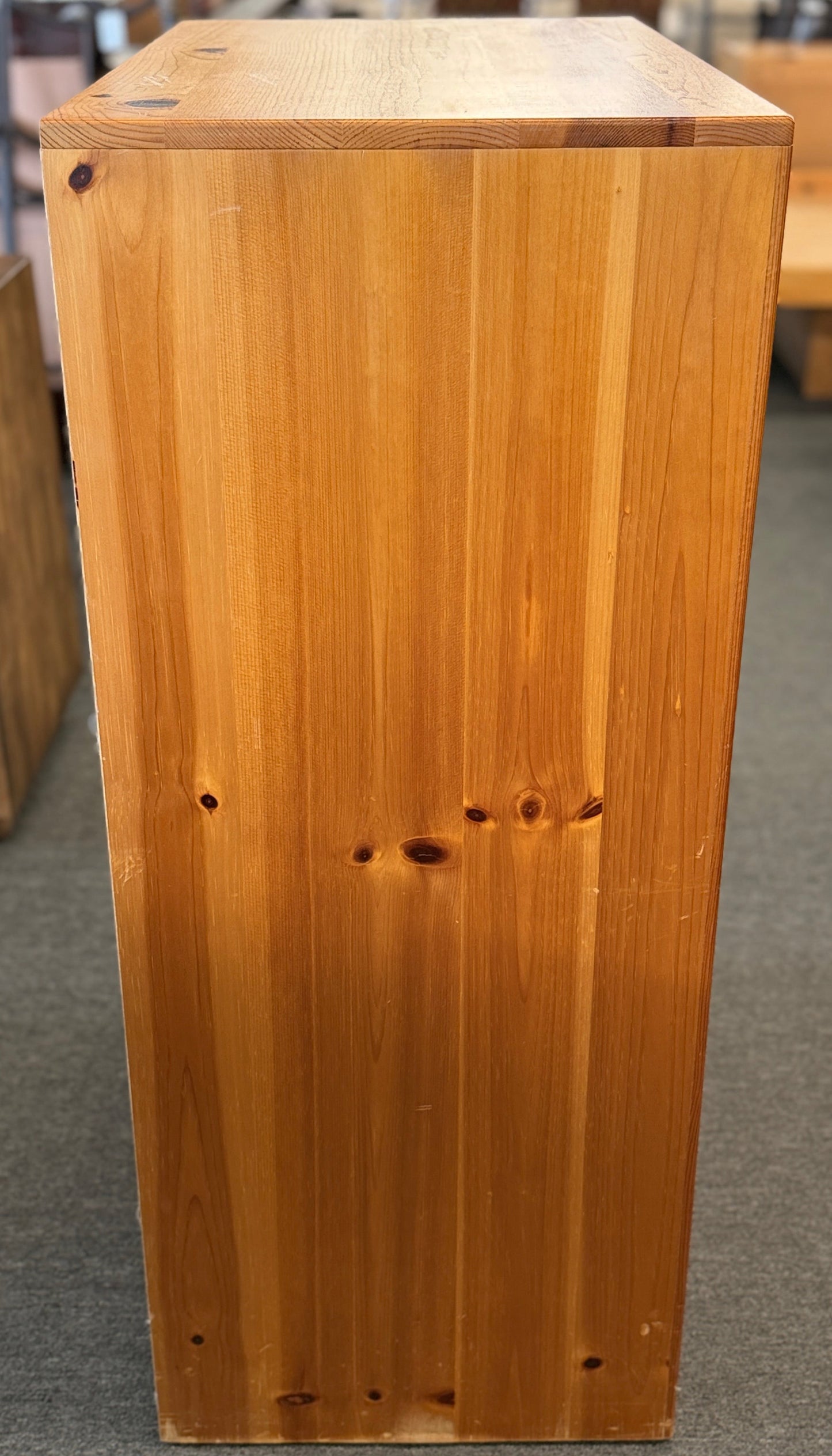 Contemporary live edge style natural wood 5 drawer chest with integrated groove pulls at 2nd Debut Houston consignment showroom