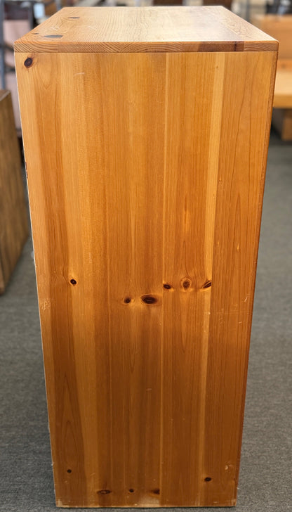 Contemporary live edge style natural wood 5 drawer chest with integrated groove pulls at 2nd Debut Houston consignment showroom