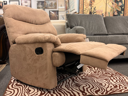 Casual plush fabric manual recliner armchair with overstuffed segmented back and pillow arms at 2nd Debut Houston consignment showroom