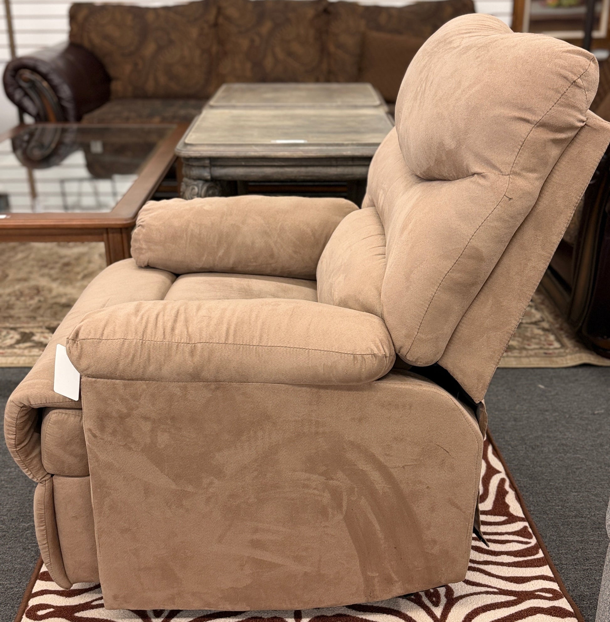 Casual plush fabric manual recliner armchair with overstuffed segmented back and pillow arms at 2nd Debut Houston consignment showroom