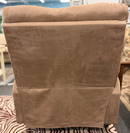 Casual plush fabric manual recliner armchair with overstuffed segmented back and pillow arms at 2nd Debut Houston consignment showroom