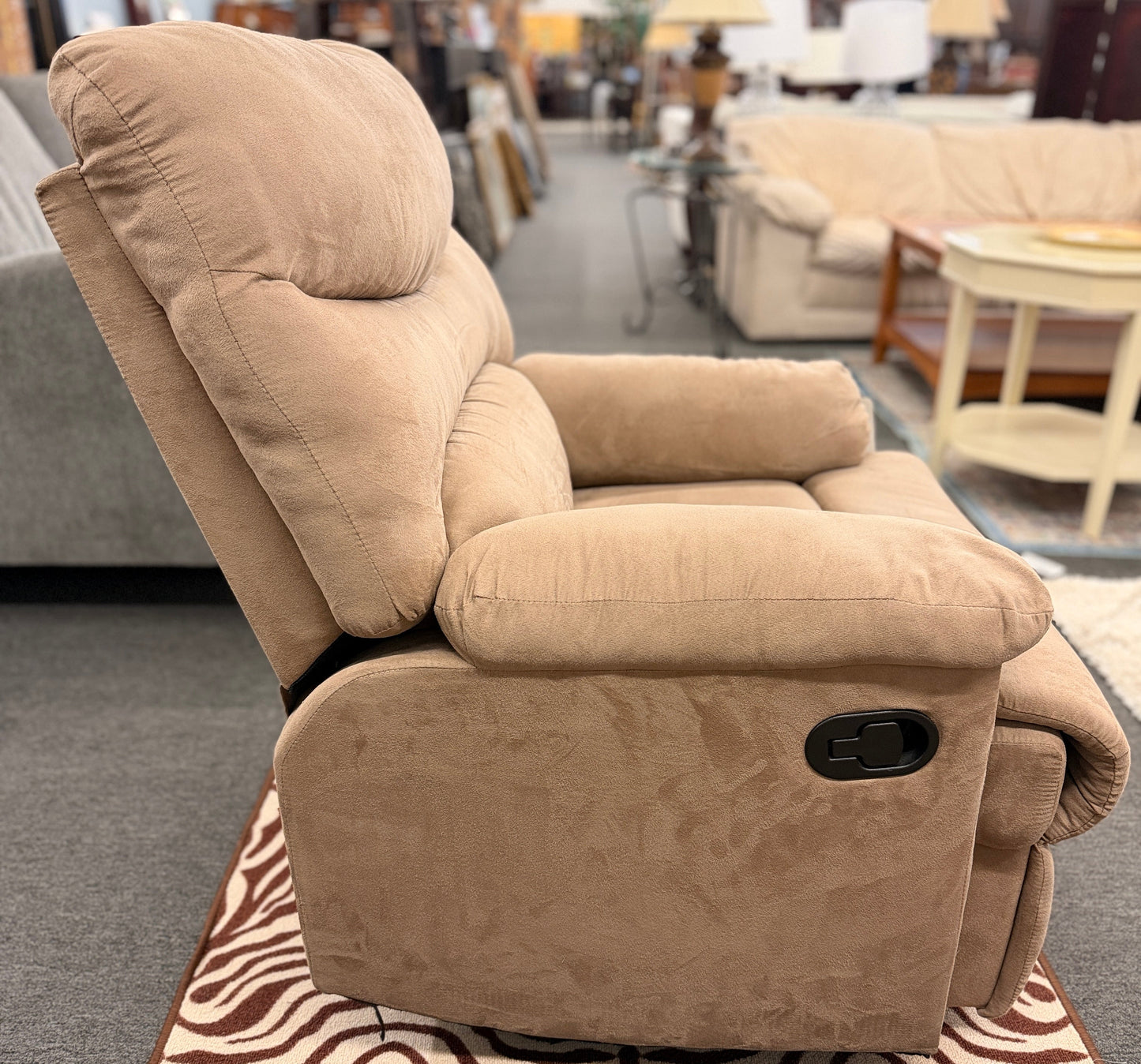 Casual plush fabric manual recliner armchair with overstuffed segmented back and pillow arms at 2nd Debut Houston consignment showroom