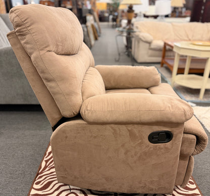 Casual plush fabric manual recliner armchair with overstuffed segmented back and pillow arms at 2nd Debut Houston consignment showroom
