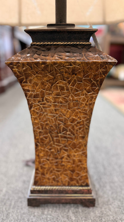 Traditional bronze crackle trumpet table lamp with square bell fabric shade at 2nd Debut Houston consignment showroom