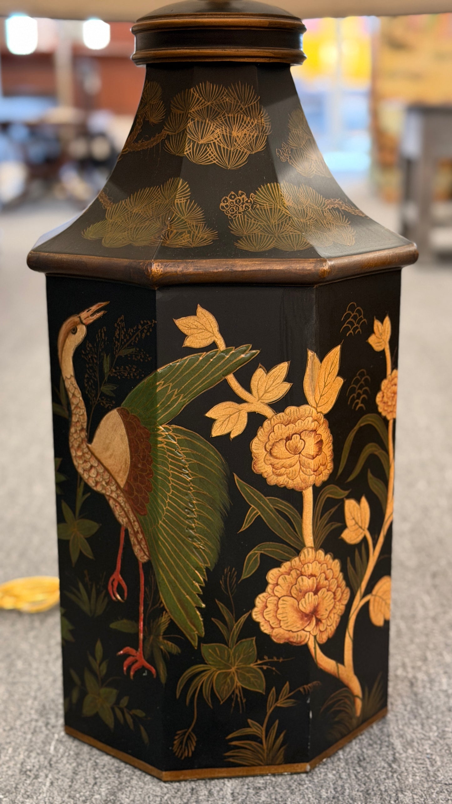 A 37-inch decorative table lamp featuring a tapered hexagonal metal base painted with traditional cranes and flowers, topped with a structured beige fabric shade.