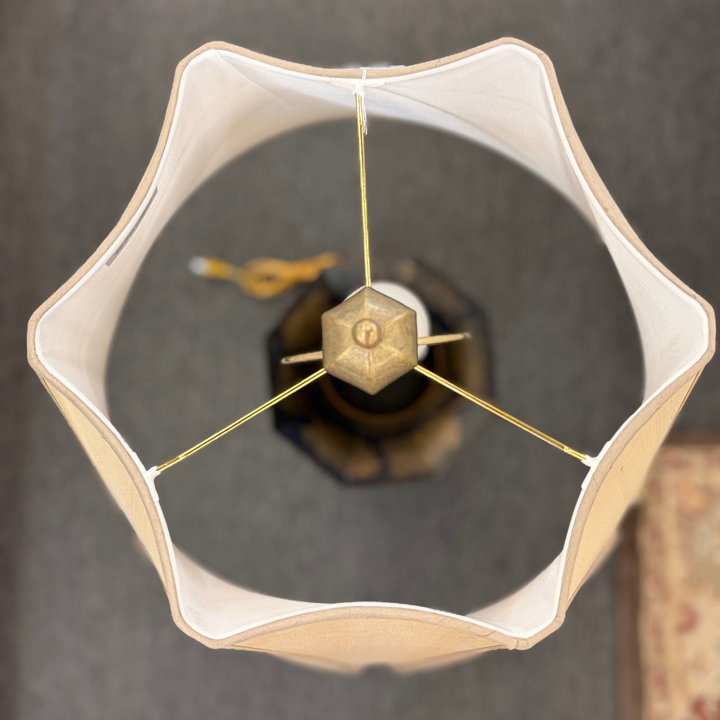 A 37-inch decorative table lamp featuring a tapered hexagonal metal base painted with traditional cranes and flowers, topped with a structured beige fabric shade.
