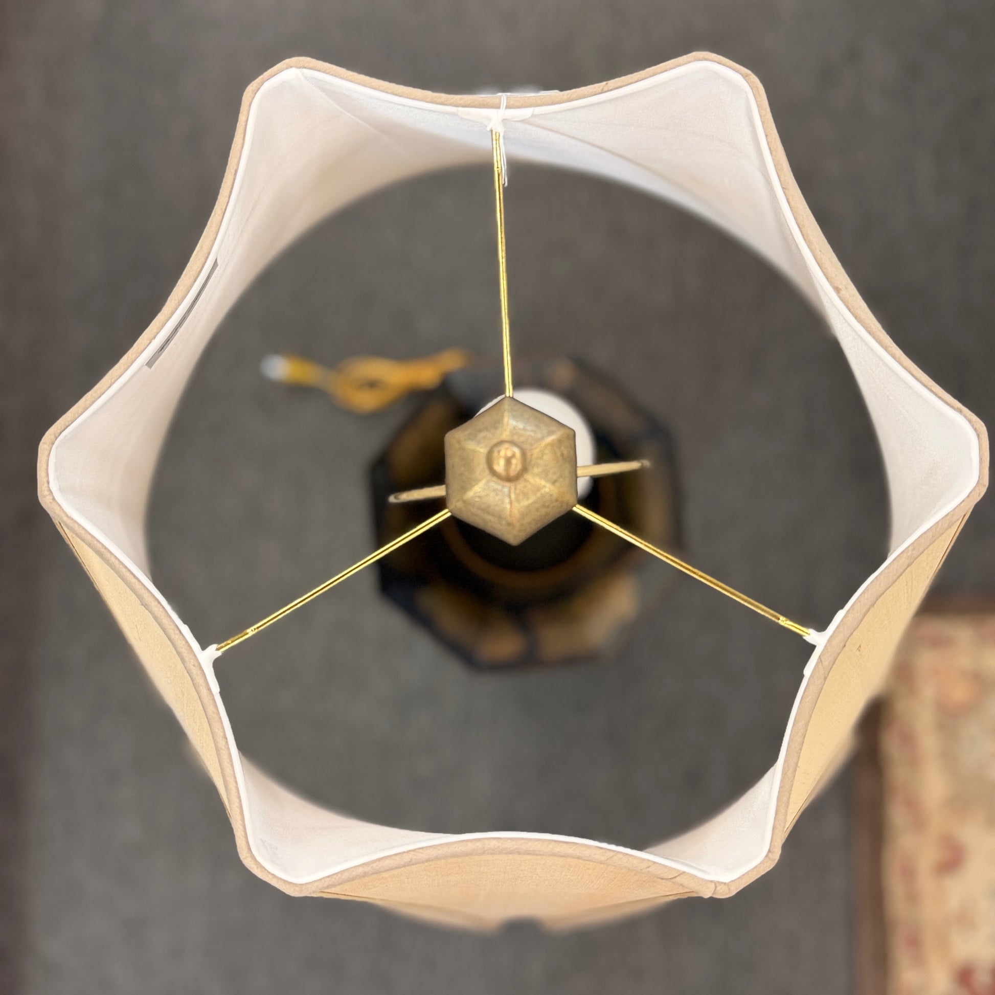 A 37-inch decorative table lamp featuring a tapered hexagonal metal base painted with traditional cranes and flowers, topped with a structured beige fabric shade.