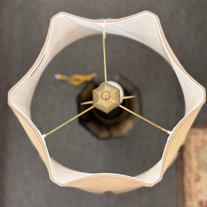 A 37-inch decorative table lamp featuring a tapered hexagonal metal base painted with traditional cranes and flowers, topped with a structured beige fabric shade.