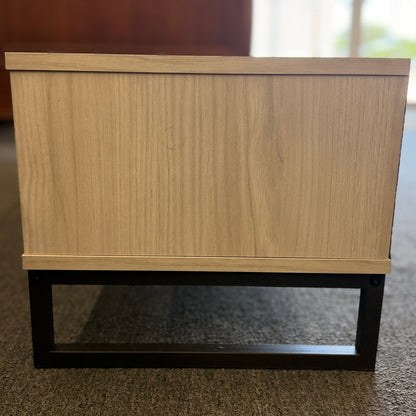 A contemporary, low-profile 53-inch TV stand with two wide drawers, sleek black bar pull handles, and a slim black metal base frame.