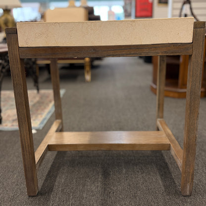 Square end table featuring a thick light-colored stone top, distressed wood frame, and a lower crossbar shelf with rustic styling.